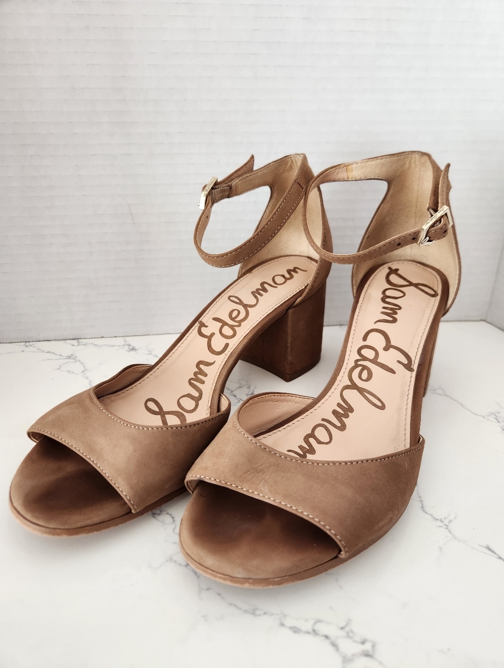 Sam Edelman Women's Susie Block Heels Ankle Sttap Suede Brown Tan Size 7